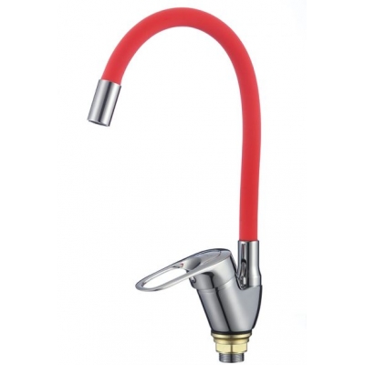 FM4104-03 Смеситель Кухня с гибким цвет. изливом (цвет излива красный)/Хром шар., на гайке, бок.ручка