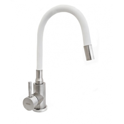 Смеситель кухня Lemen D35 (нержавейка,белый гибкий излив,гайка) LA9006W