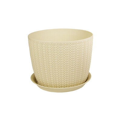 Кашпо ВЯЗАНИЕ D135мм с поддоном Белый Ротанг ("М-пластика") (М 3119)