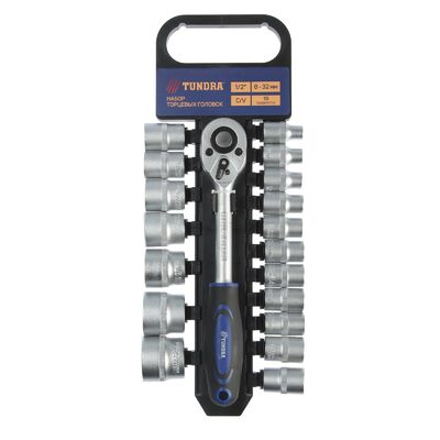 Набор торцевых головок ТУНДРА, трещотка, CrV, 1/2", 8 - 32 мм, 19 предметов 1123613