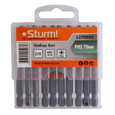 1270501 Биты PH2x75мм, сталь CrV, С МАГНИТН. НАКОНЕЧНИКОМ,10 шт. в пластик.кейсе Sturm! 1270501 Биты PH2x75мм, сталь CrV, С МАГНИТН. НАКОНЕЧНИКОМ,10 шт. в пластик.кейсе Sturm!