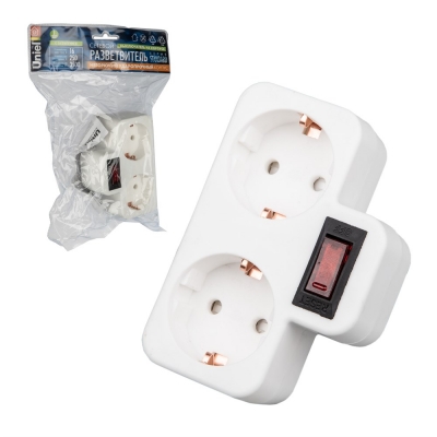 Разветвитель сетевой Uniel S-GES2-16PB с выкл, с/з. 2 гнезда. 16А, 3500Вт. Белый