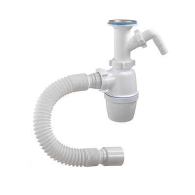 А-420521 Сифон бутылочный ОРИО 1 1/2" - 40, литой выпуск, с одним отводом и гибкой трубой 40х50