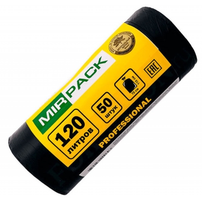 Мешки для мусора "MIRPACK PROFESSIONAL" ролик черные 12 мкм. 120 литров 50 шт.(8)