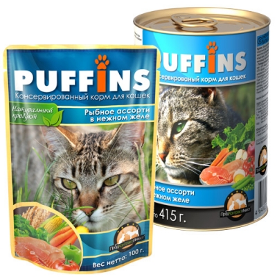 Пуффинс Консервированный корм для кошек (пакет дой-пак), Мясные кусочки в ЖЕЛЕ, РЫБНОЕ АССОРТИ 100 грамм х24