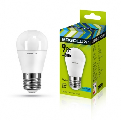 Лампа светодиодная шар Ergolux LED G45-9W- E14-3К